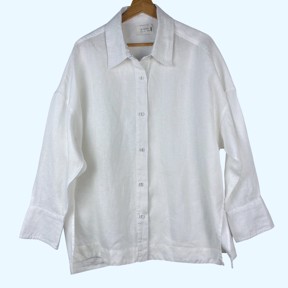 DISSH Womens 3/4 Sleeve Linen Button Down Shirt 4 White Oversized Coastal Summer